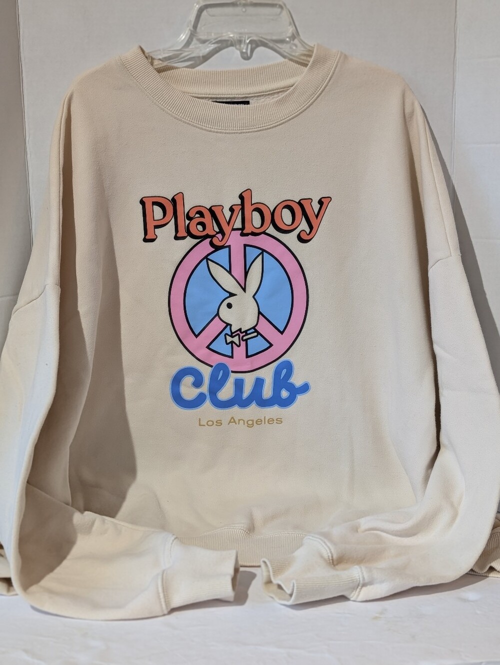 PLAYBOY X Pac Sun Cream Crewneck Sweatshirt with Pink & Blue Graphic- M